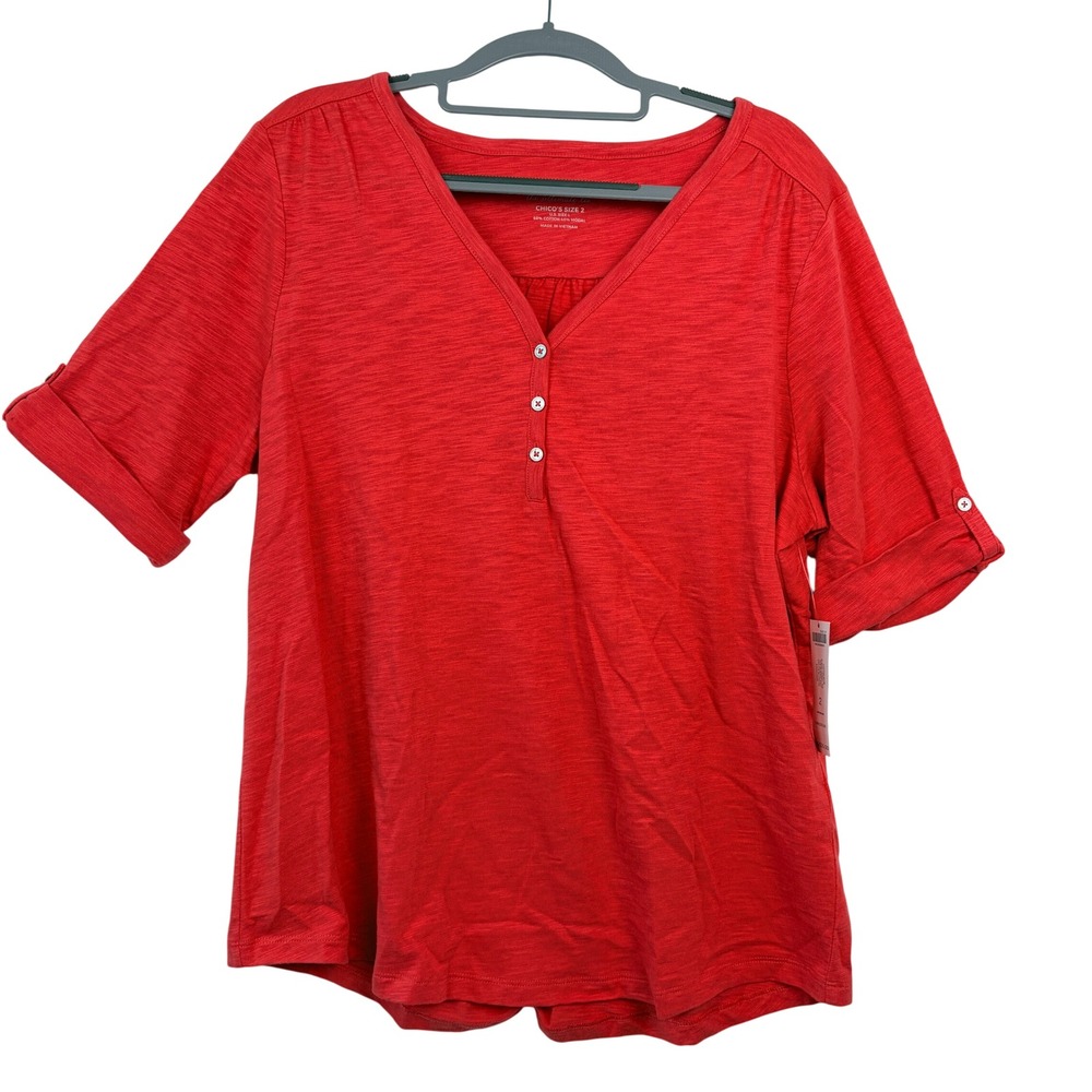 Chico's Cotton Slub Elbow Henley Tee Size 2 Cactus Blossom Red